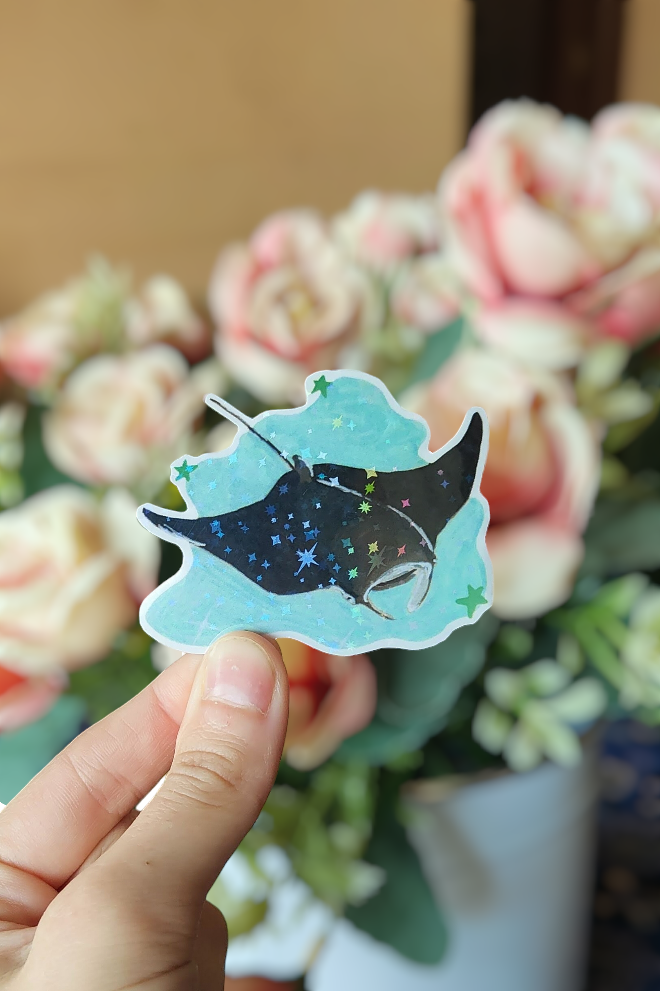 Manta ray sticker with hologrphic star cover